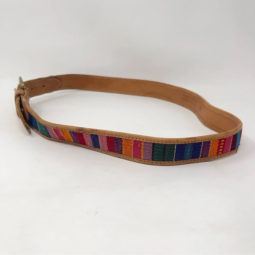 Vintage Guatemalan Leather Belt, Colorful‎ Woven Stripe, Brass Buckle Boho